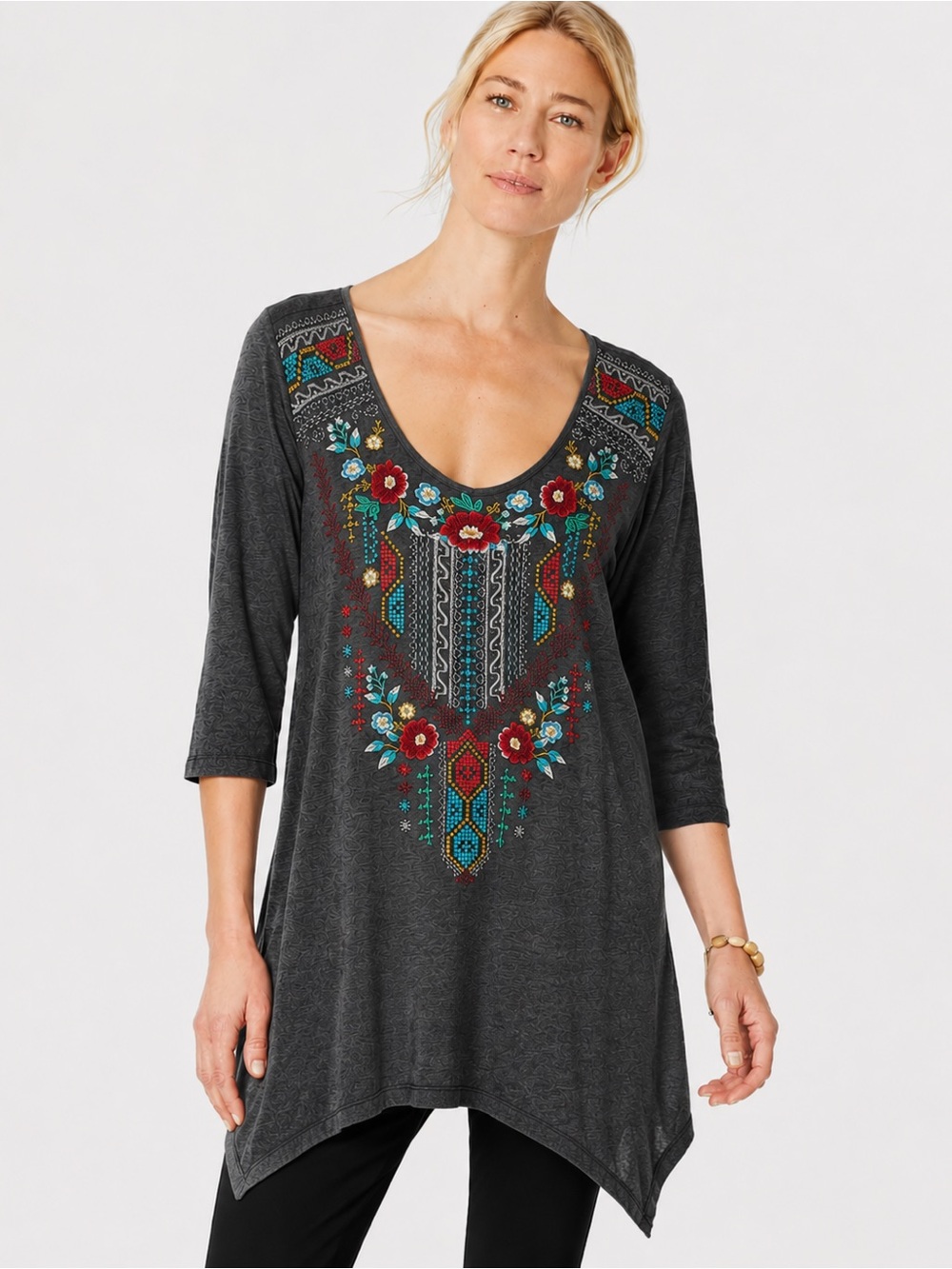 Johnny Was Charcoal Tunic with Red and Turquoise Floral Embroidery